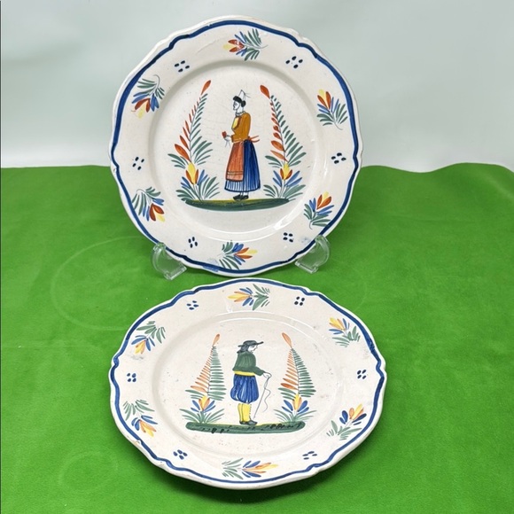 2 HenRiot Quimper France 10" Plates male and female Brenton - Picture 1 of 16